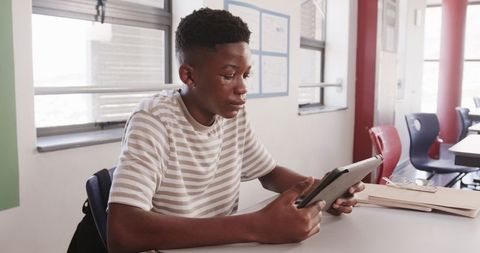 African American Student Reading Tablet in Classroom Setting