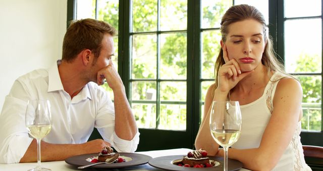 Couple seated at a dining table with wine and dessert appears to be in an argument. Woman looks contemplative while man turns away, indicating tension. Suitable for illustrating relationship conflicts, couples counseling, or communication problems.