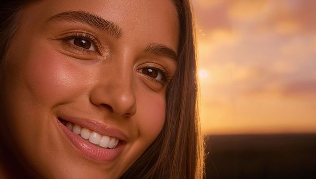 Smiling young woman close-up with warm golden hour glow and natural skin texture