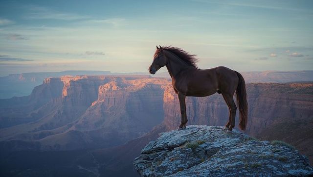 Majestic Horse Standing on Rocky Ledge in Scenic Canyon