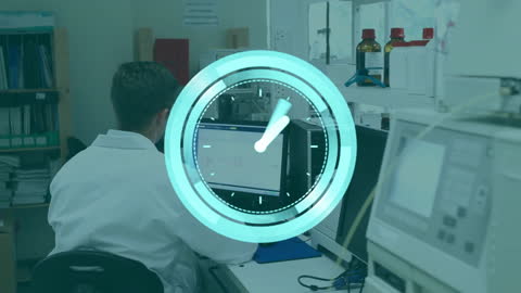 Caucasian Scientist Analyzing Data with Clock Animation Overlay