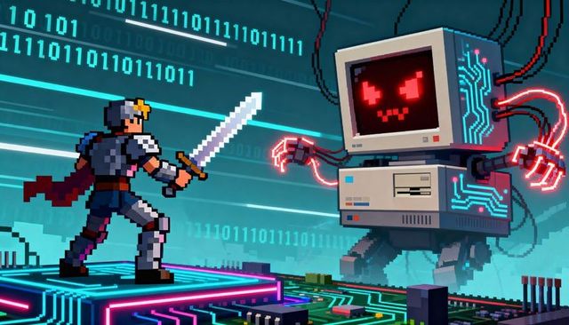 Pixel knight battling rogue crt monster on neon circuit board — retro cyberpunk boss fight