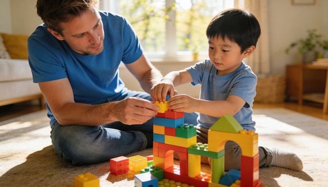Father and child building colorful block tower at home playing and learning together