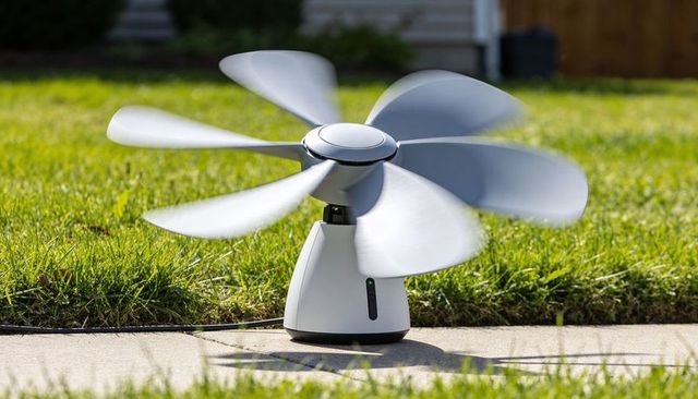 Spinning portable white electric fan with motion-blur blades on sunlit lawn and walkway