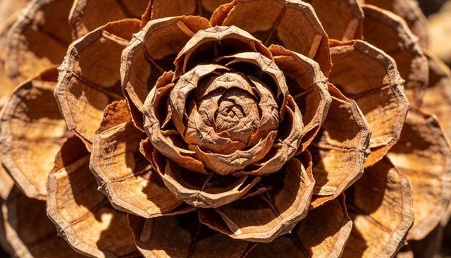 Macro close-up of conifer seed cone revealing rose-like spiral of woody scales in sunlight