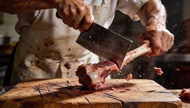 Butcher cleaving beef shank with heavy cleaver on wooden block, blood splatter action