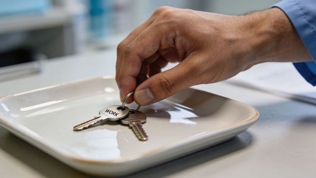 Hand picking up work keyring on office countertop, closeup of keys with work tag