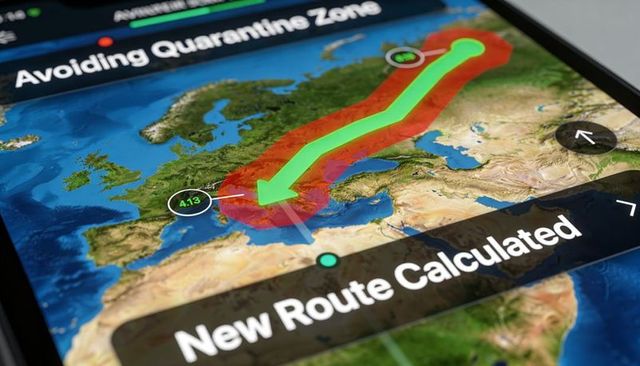 Tablet navigation showing new route avoiding quarantine zone across europe and mediterranean