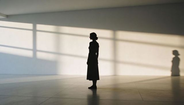 Backlit Silhouette of Woman Standing in Minimal Gallery with Geometric Window Shadows