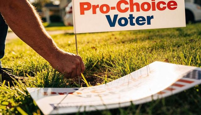 Closeup hands planting pro-choice voter campaign sign in sunny suburban front yard