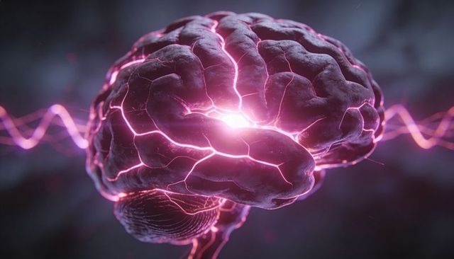 Pulsing neon brain emitting magenta energy with glowing fissures and sinewave light patterns