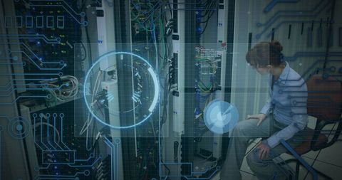 Woman Technician Analyzing Data Server with Digital Interface Overlay - Download Free Stock Images Pikwizard.com
