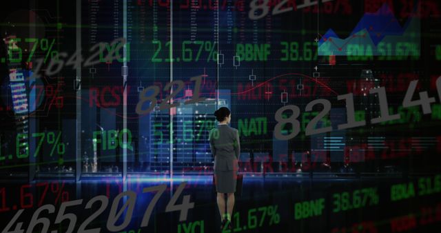 Businesswoman Analyzing Stock Market Data on Urban Skyline - Download Free Stock Images Pikwizard.com