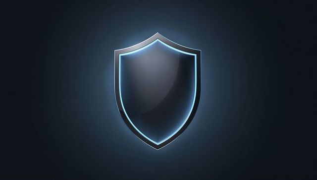 Glowing shield emblem with glass center and blue neon rim hovering on dark gradient