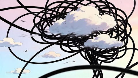 Looping black cable tangle weaving through pastel sky with floating cumulus clouds