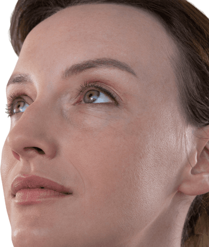Caucasian Woman Looking Upward on Transparent Background Isolated