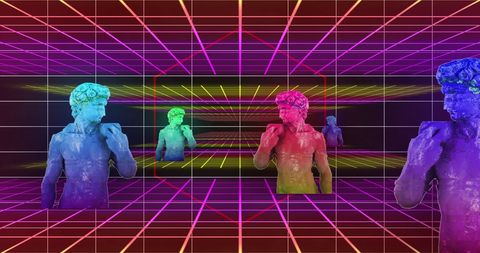 Colorful Statues in Neon Grid for Retro-Futuristic Effect