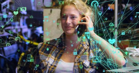 Young woman connected via technological network overlay