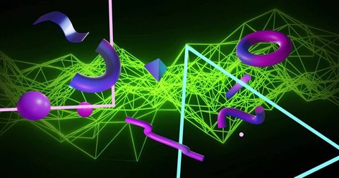 Neon wireframe landscape with glossy purple 3d shapes, futuristic digital mesh backdrop
