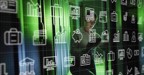 Woman interacting with financial analytics touchscreen dashboard in green server data center