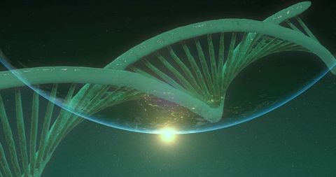 Teal dna helix floating above earth with glowing orb futuristic biotechnology concept