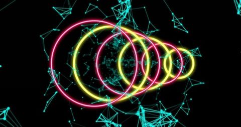 Neon Rings and Digital Network with Floating Turquoise Nodes