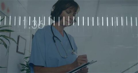 Nurse writing notes on clipboard in clinic corridor with stethoscope and digital overlay