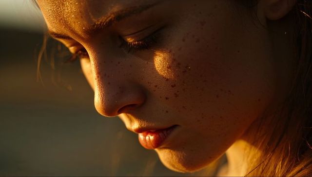 Golden hour closeup portrait woman tilting head showing freckles, glitter and warm glow