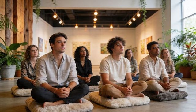 Group meditating in modern studio with plush cushions and lush indoor plants for mindfulness