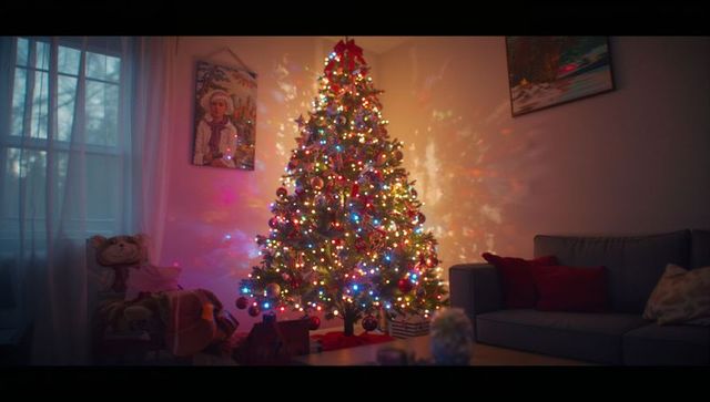 Festively Lit Christmas Tree Sparkling in Cozy Living Room