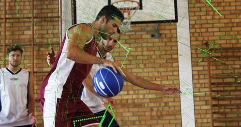 Basketball Player Dribbling on Indoor Court in Action Shot