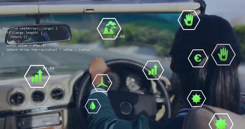 Eco Conscious Woman Driving Car with Digital Green Energy Icons - Download Free Stock Images Pikwizard.com