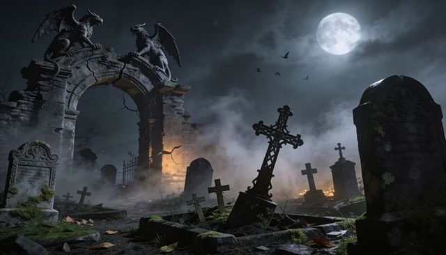 Moonlit gothic cemetery with ornate leaning iron cross and gargoyles on crumbling arch