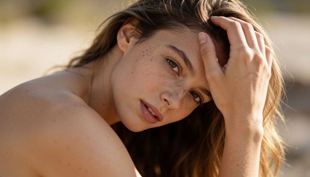 Sunlit freckled woman touching hair beach close-up portrait showing natural skin texture