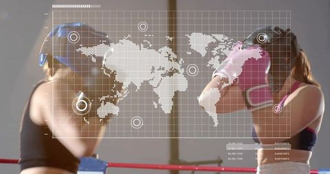 Female Boxers Sparring with Digital HUD Overlay in Gym Ring Wearing Headgear Gloves