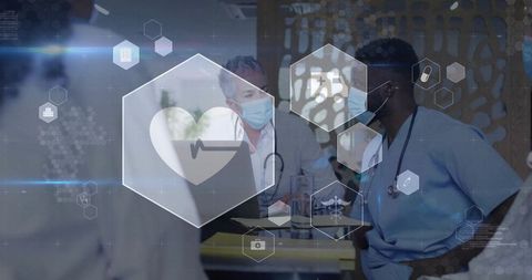 Doctors Collaborating on Patient Data in Hospital with Digital Icons