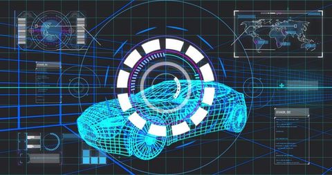 Digital Wireframe Car Model with Technological Interface Overlay