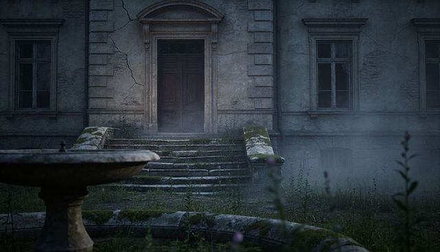 Moss-covered stone steps leading to weathered mansion door in foggy overgrown courtyard