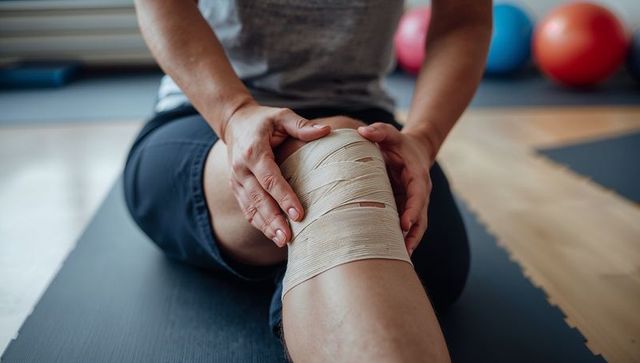 Athlete wrapping knee with elastic bandage during rehabilitation and mobility session