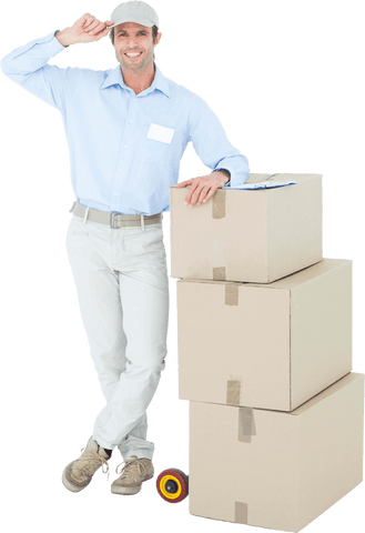 Transparent background happy delivery man standing with boxes