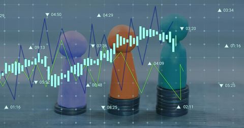Financial data overlay with pawns on coin stacks symbolizing market strategy