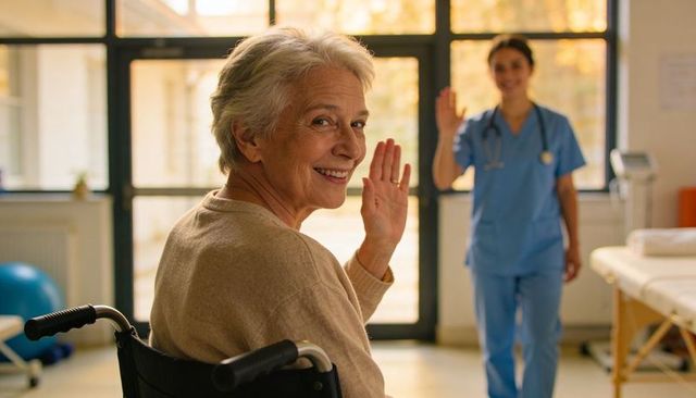 Senior woman waving from wheelchair greeting nurse in scrubs at rehabilitation clinic
