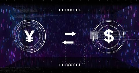 Futuristic currency exchange interface showing neon yen and dollar holograms