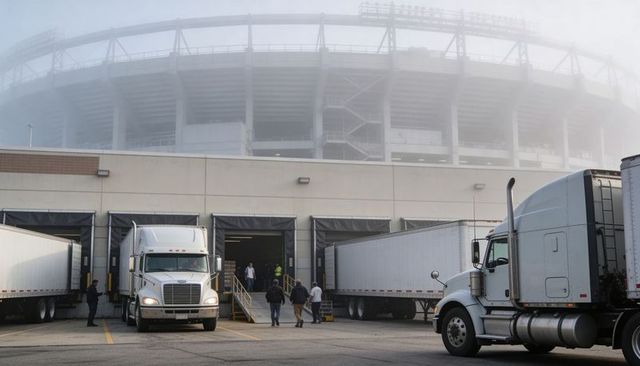 Logistics crew unloading semi trailers at stadium dock during foggy morning