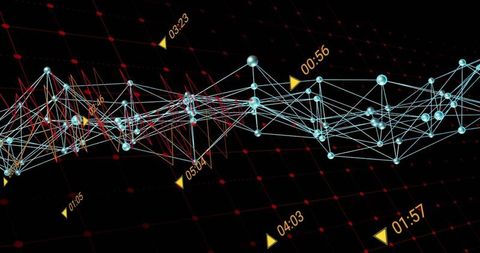 Visualizing Futuristic Network Connecting Nodes and Time Markers Over Dark Grid Interface
