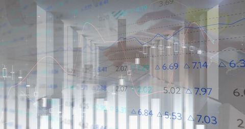 Analytics and financial data with urban cityscape overlay
