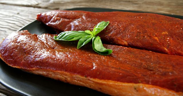 Marinated Pork Tenderloins with Fresh Basil on Black Plate - Download Free Stock Images Pikwizard.com