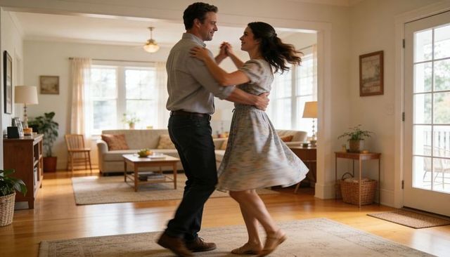 Couple twirling in sunlit living room on rug cozy home dance moment