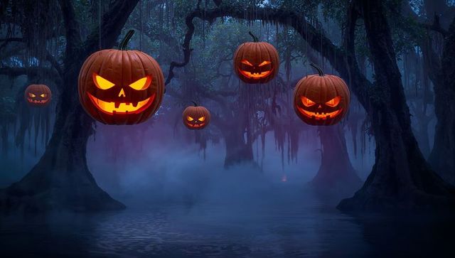 Mystical Jack-o'-Lanterns Illuminating Haunting Swamp