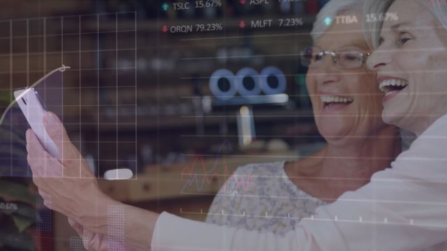 This video depicts two elderly women enjoying a joyful moment taking a selfie in a cafe while an overlay of stock market data adds a layer of modernity and technology. This visual blend of human connection and financial trends may be used in articles on elderly engagement with technology, financial services for seniors, or modernization of senior lifestyles. It perfectly combines elements of personal joy and market dynamics, making it an ideal choice for financial and tech-forward publications as well as lifestyle blogs focusing on active aging.